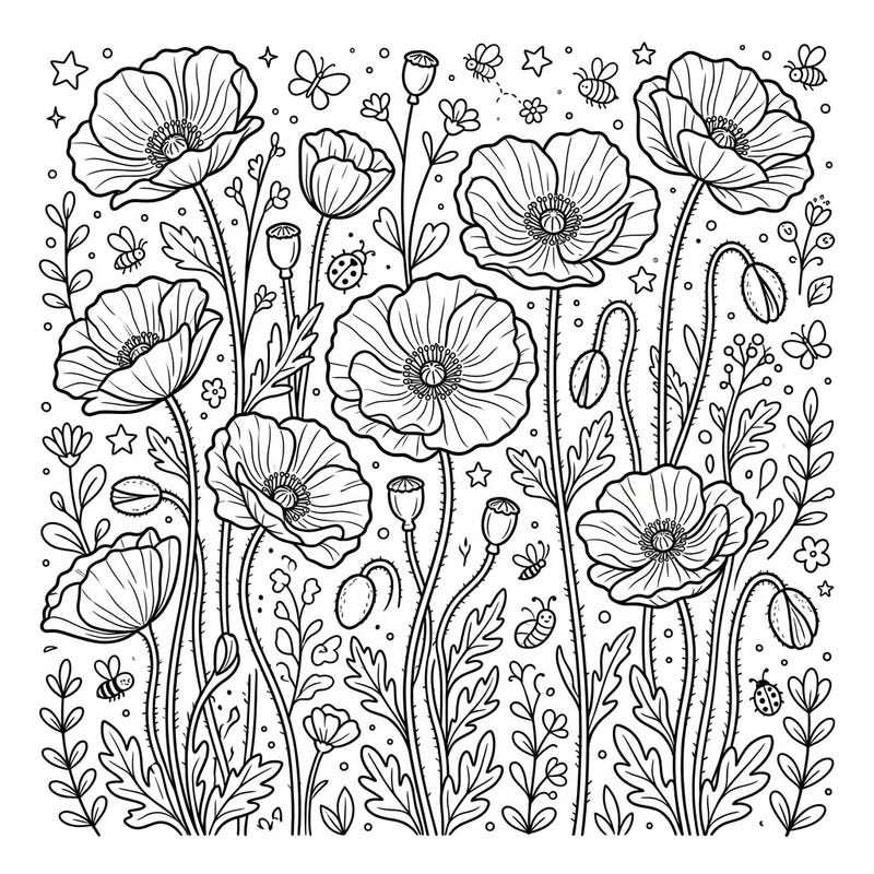 Discover a lovely field of Iceland poppies, buzzing bees, and fluttering butterflies in this charming coloring page. Designed with balanced lines, it's perfect for young artists aged 4-8 to explore their creativity.
