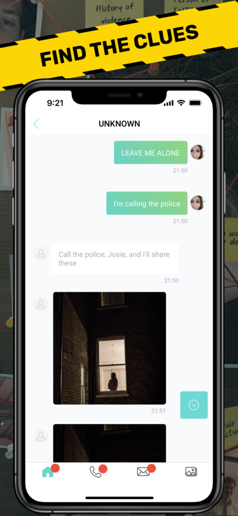 A phone screen showing a threatening chat message and a mysterious photo clue in a detective game.