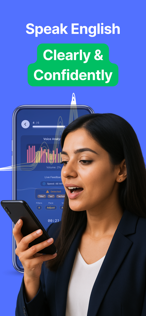 Accent AI: Pronunciation Coach - Uma mulher profissional usando o Accent AI para feedback de pronúncia em inglês em tempo real e análise de voz.