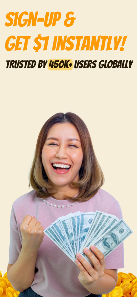 Earn Rewards with Survey Panda - Uma mulher feliz segurando dinheiro com uma sobreposição de texto sobre um bônus de inscrição de um dólar para o Survey Panda