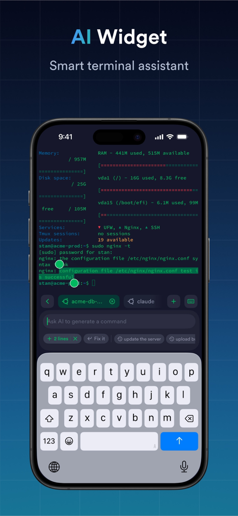Termius app interface showing the AI Widget smart terminal assistant for command generation.