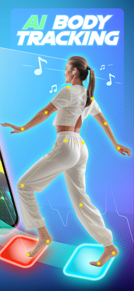 Dance Dash: Rhythm and Fitness - Frau nutzt KI-Körperverfolgung für mobiles Tanztraining