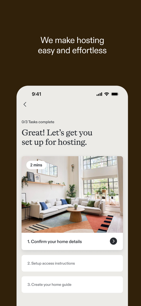 Kindred app screenshot showing the easy three-step onboarding process for home hosting