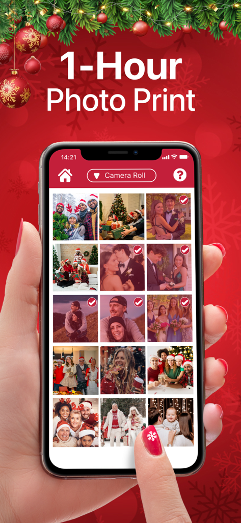 Sélection manuelle de photos de Noël sur une application mobile pour une impression en une heure