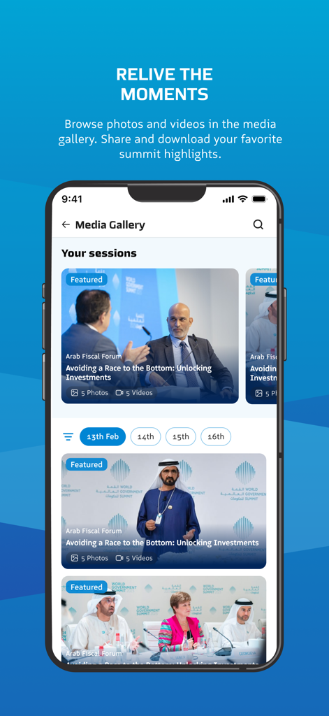 World Governments Summit - World Governments Summit app media gallery screen displaying photos and videos from event sessions