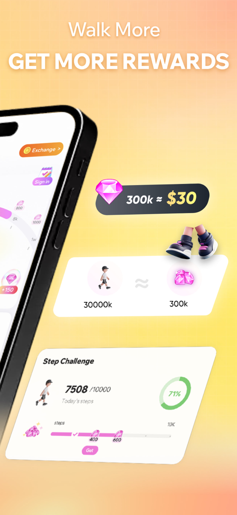 Interfaz de la aplicación Calorie Manager mostrando recompensas por caminar y el progreso del desafío de pasos.