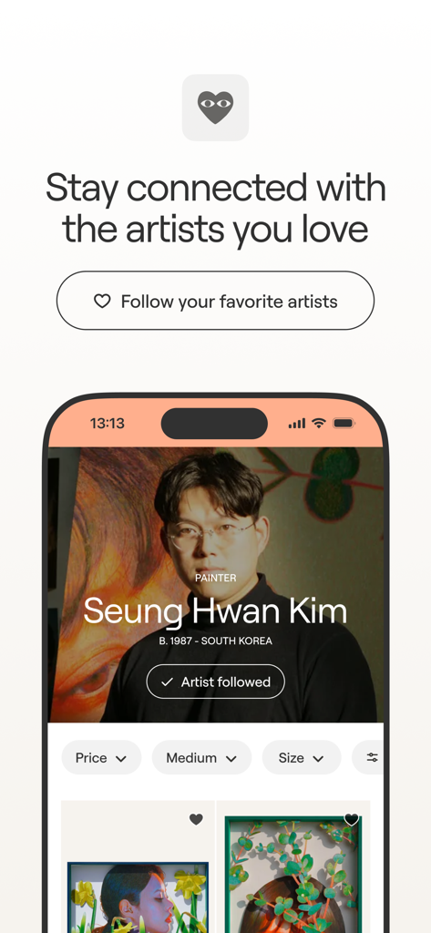 Singulart: Buy Original Art - Pantalla de la app Singulart mostrando el perfil de un artista con su biografía y obras destacadas.