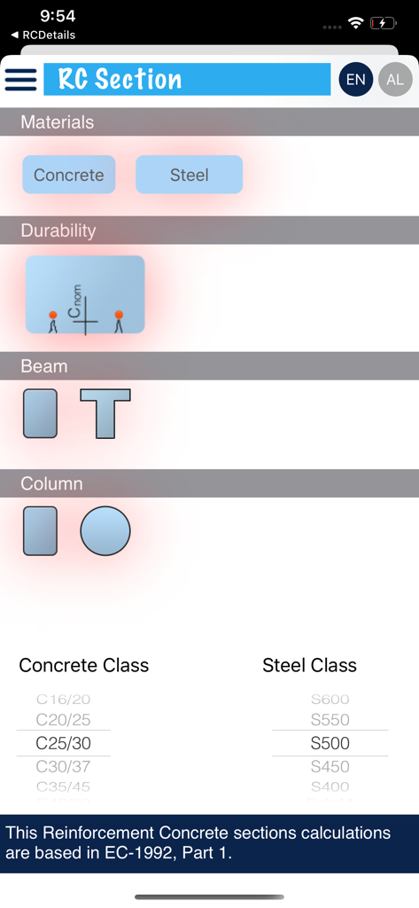 Interfaz principal de la aplicación RCSection que muestra categorías para materiales, vigas y columnas con selectores de clase de hormigón y acero para ingeniería estructural.