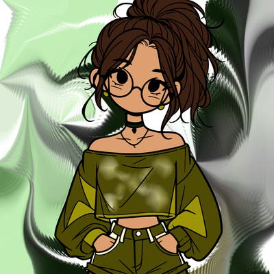 girl with a messy ponytail glasses a baggy crop top and jean shorts