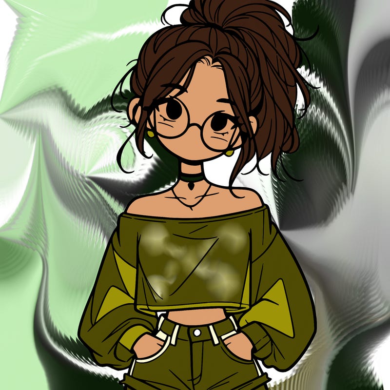 girl with a messy ponytail glasses a baggy crop top and jean shorts