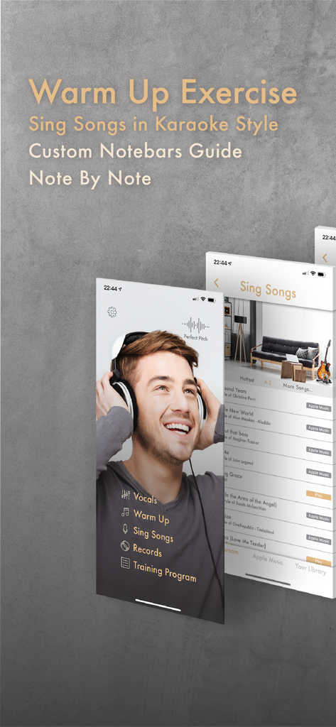 Learn to Sing app interface showing vocal warm up exercises and karaoke song selection