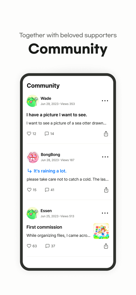 SHOULDER:Webtoon, Illust & Fan - Una interfaz de aplicación móvil que muestra un feed de comunidad para creadores de webtoons y seguidores con publicaciones y me gusta.