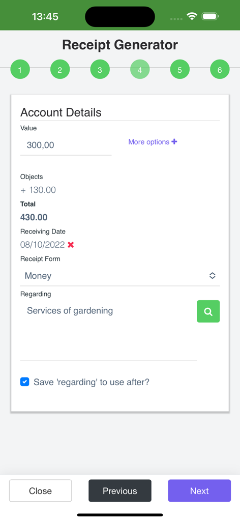 Receipt Generator v2 - A mobile interface of the Receipt Generator app showing the account details form with fields for value, date, payment method, and service description.