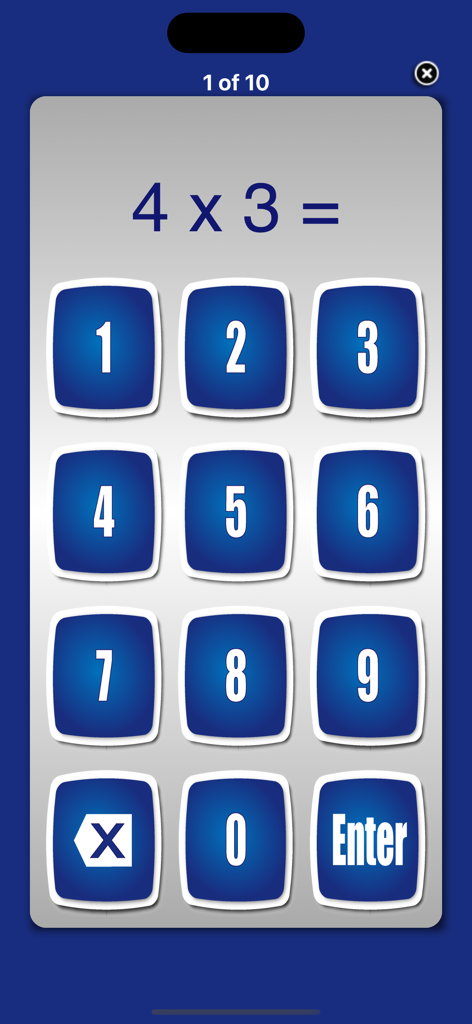 Math Fact Master - A multiplication problem 4 times 3 displayed on a grey screen with a blue numeric keypad for answers in the Math Fact Master app.