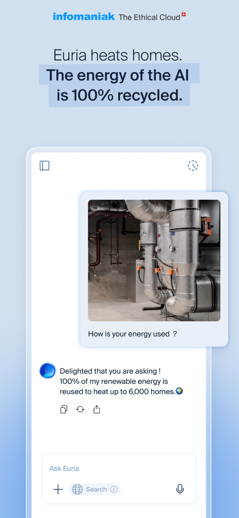 Infomaniak Euria app screenshot highlighting its recycled energy and heat recovery system for homes