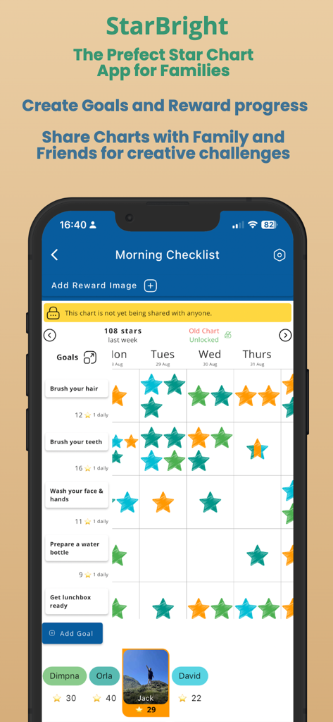 Starbright Charts - Una gráfica digital de estrellas que muestra una lista de verificación matutina con recompensas por las tareas diarias de los niños