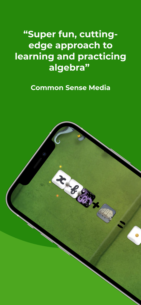 Kahoot! Algebra 2 by DragonBox - A smartphone displaying Kahoot Algebra 2 gameplay with a quote from Common Sense Media praising the app's approach to learning math.