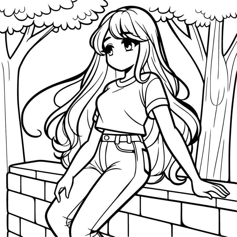 a girl with long hair with a tshirt and jeans on leaning on a wall looking at a tree