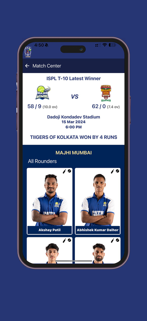 ISPL T10 app match center showing cricket scores and team players