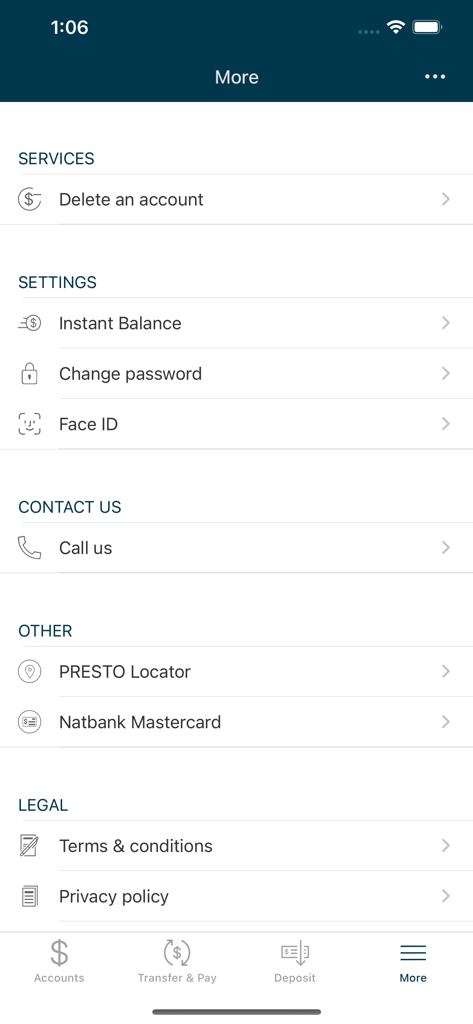 Natbank Mobile Banking - Natbank app more options menu featuring account settings contact info and legal sections