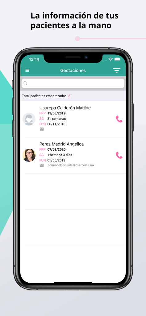 Eleonor - Ein mobiler Bildschirm, der die Eleonor-App mit einer Liste von Patientenakten und medizinischen Management-Details zeigt.