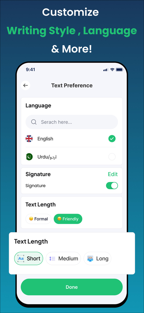Email Writer : AI Email Writer - AI Email Writer app interface showing options to customize language tone and text length