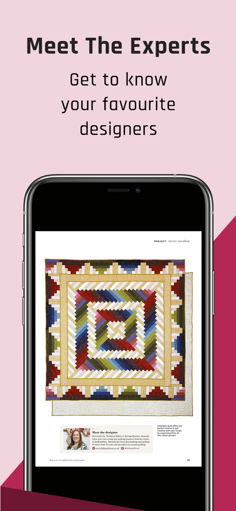 A digital magazine page in the Today's Quilter app showing a colorful quilt pattern and a designer profile.