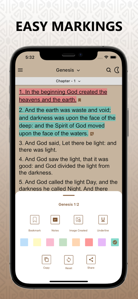 Geneva (GNV) Bible 1599 - Geneva Bible app interface showing highlighted verses and scripture marking options.