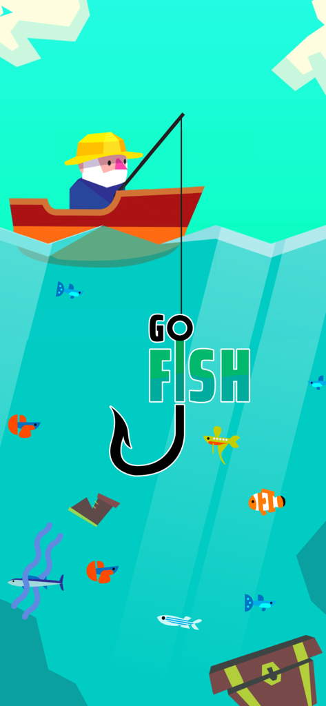 Fisherman in a boat with a hook submerged in water surrounded by fish