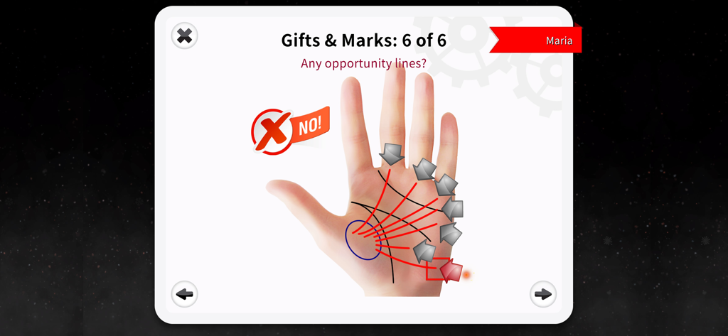 Palm Reading Premium - Pantalla de la aplicación Palm Reading Premium mostrando una prueba quiromántica para las líneas de oportunidad.