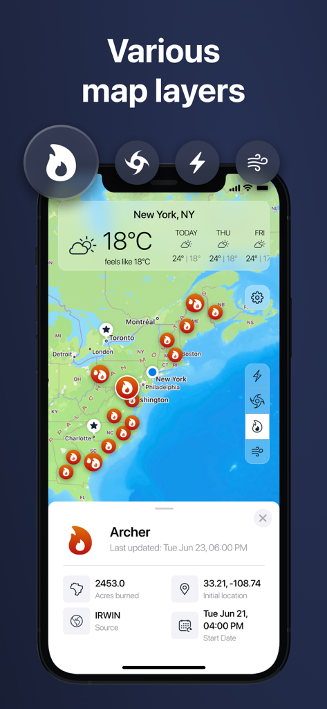Windy Weather Radar, Forecast - Captura de pantalla de la aplicación Windy Weather Radar que muestra capas de mapas de incendios forestales y ubicaciones de incendios activos en un mapa de la Costa Este.