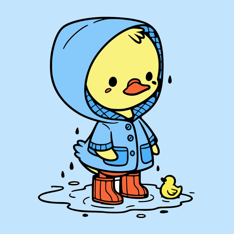 baby duck in a rain coat and boots, in a puddle while it’s raining