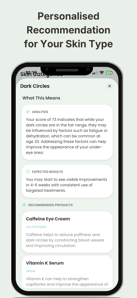 Mobile screen showing personalized skincare recommendations and analysis for dark circles with product suggestions.
