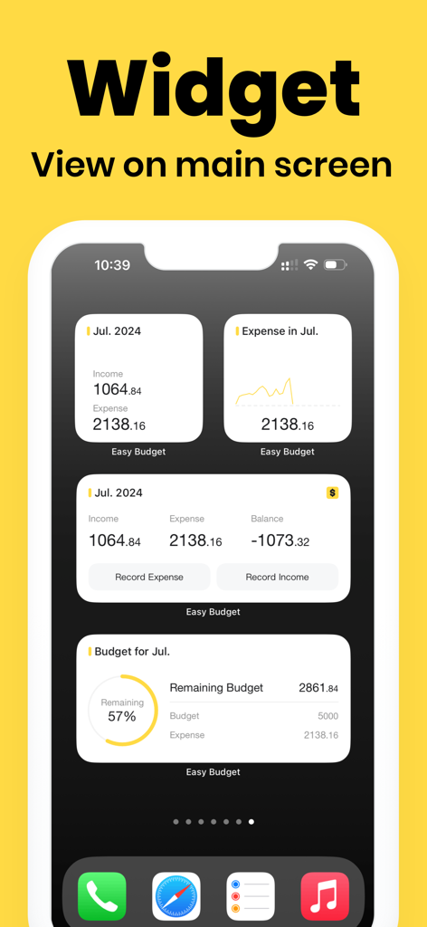 Easy Budget spending tracker app widgets on an iPhone home screen displaying monthly financial summaries