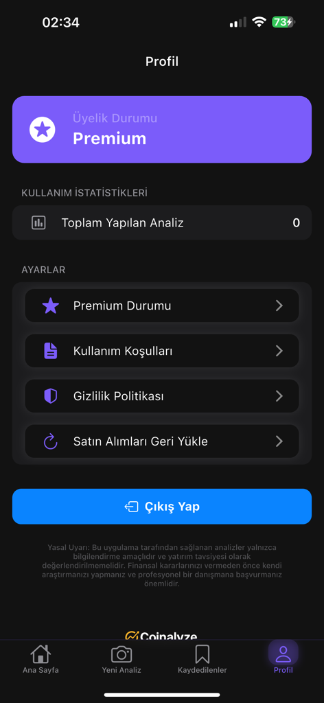 Profile page of the Coinalyze crypto app displaying premium membership status and account settings.