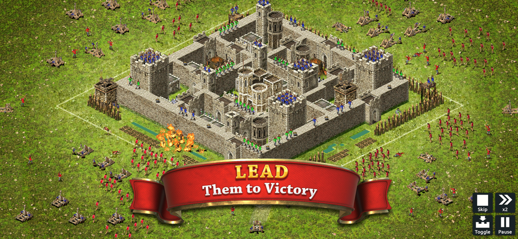 Top down view of a medieval stone castle under attack by siege engines and soldiers in Stronghold Kingdoms