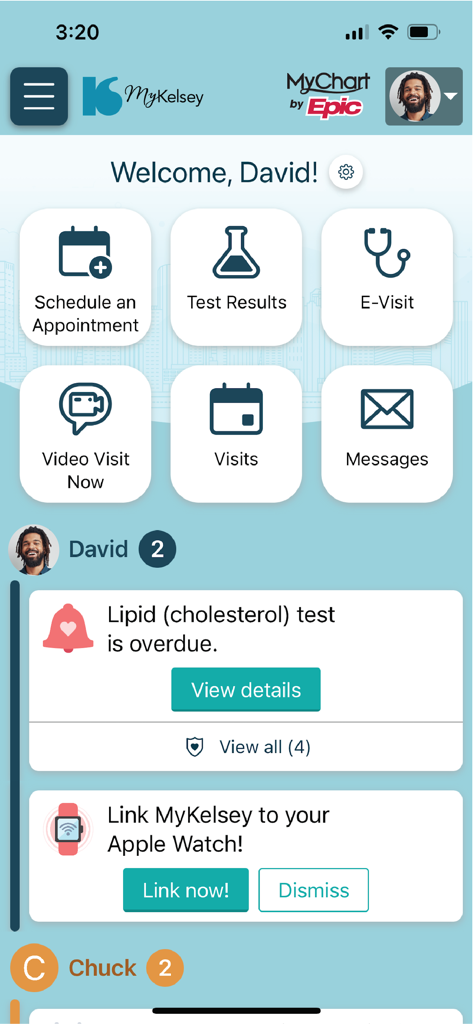 MyKelsey - Home screen of the MyKelsey mobile app showing the patient dashboard with options for appointments, test results, and healthcare messaging