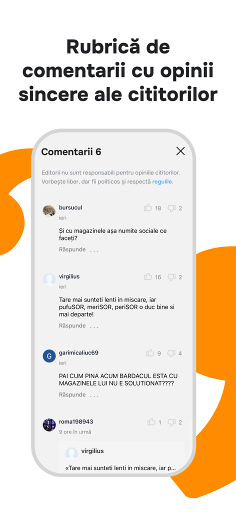 Stiri.md - Știri din Moldova - Screenshot of the Stiri.md mobile app showing the user comments section with reader opinions and reactions.