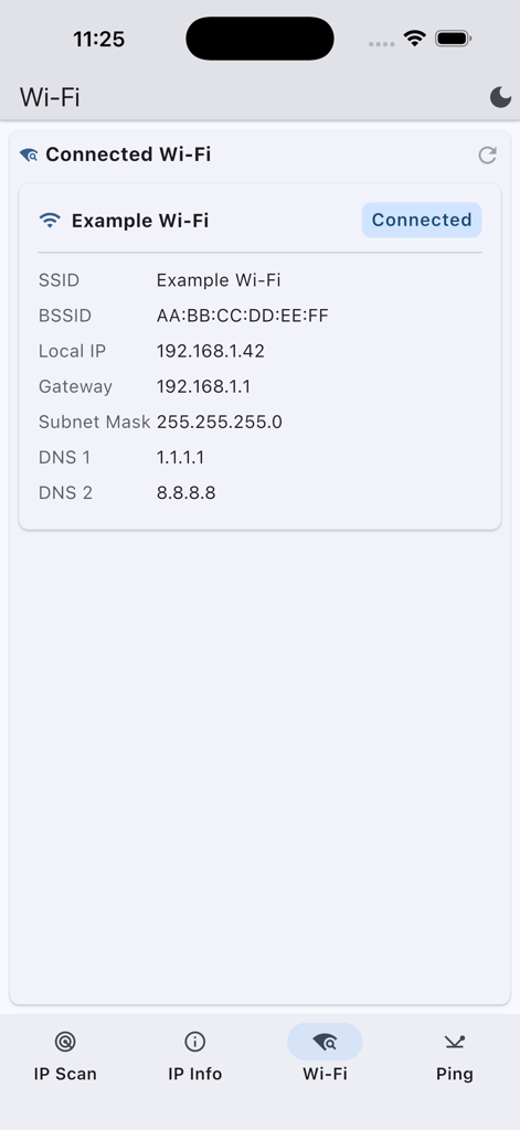 Advanced IP Scanner - Advanced IP Scanner app interface showing connected wifi details such as SSID BSSID local IP and DNS settings