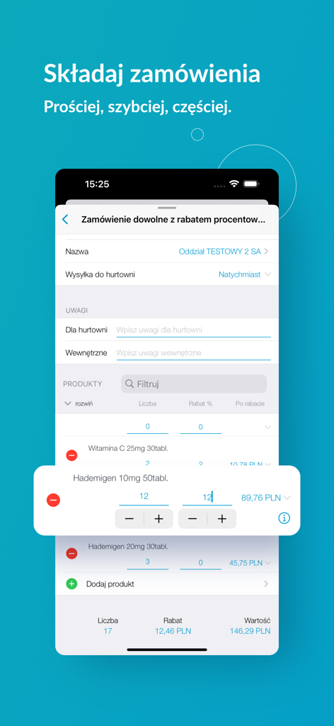 FarmaProm - FarmaProm mobile app screen for entering pharmaceutical sales orders