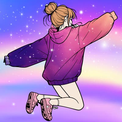 realistic girl jumping with a bun and oversized sweatshirt