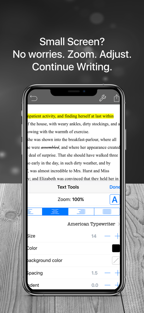 L'app Scrivo 3 su iPhone mostra le opzioni di formattazione del testo, inclusi zoom, dimensione del carattere e allineamento per scrittori