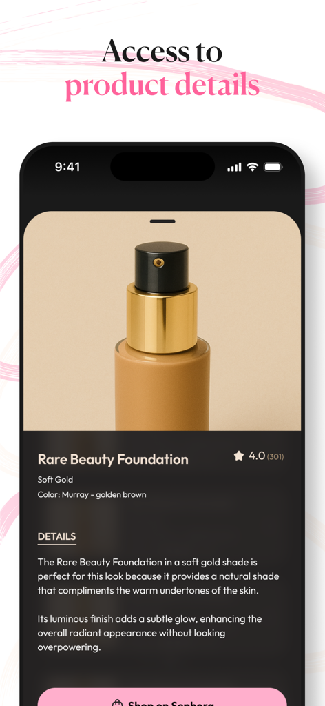Detailed product view for Rare Beauty Foundation in the GlowUp makeup app with a Shop on Sephora button.