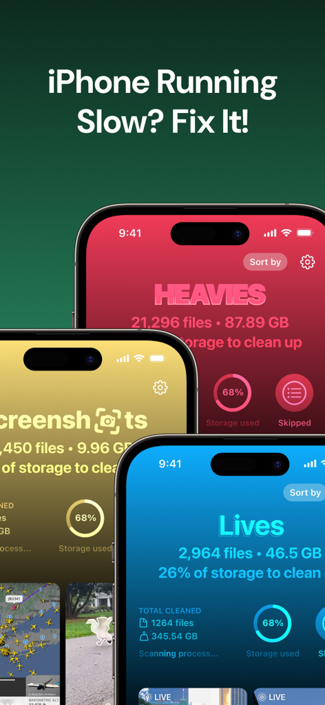 Écrans de l'application Clever Cleaner montrant les fichiers volumineux et les catégories de stockage des captures d'écran pour réparer un iPhone lent