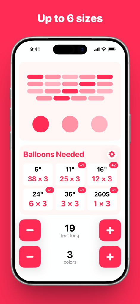 Balloon Calculator - Una interfaz de aplicación móvil que muestra cantidades de globos calculadas para varios tamaños según la longitud y el color
