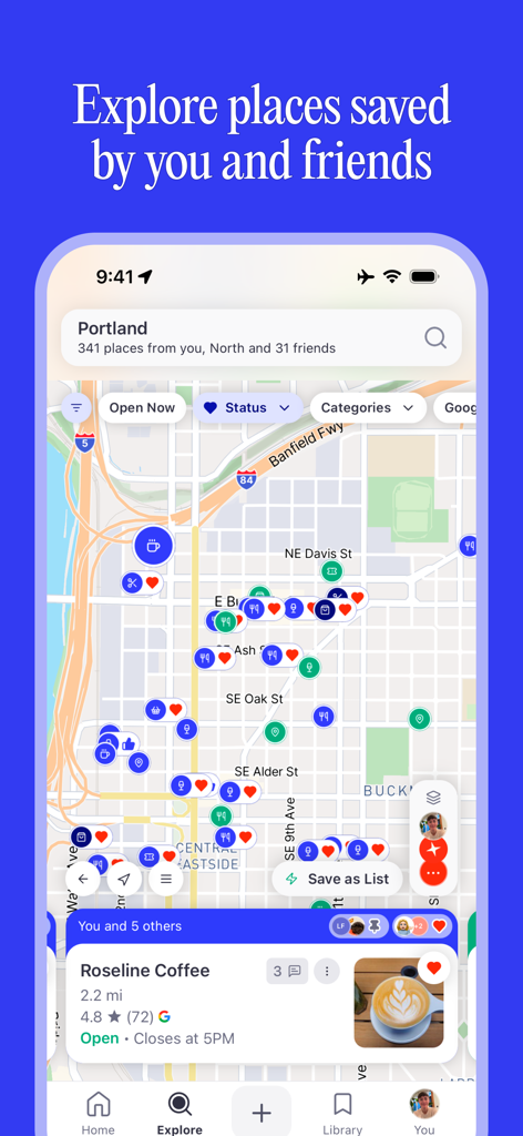 North - Save & Share Places - Una interfaz de mapa en la aplicación North que muestra lugares guardados y recomendaciones de amigos en Portland