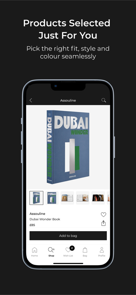 Flannels - Application mobile de luxe Flannels affichant les détails du produit pour un livre Assouline Dubai Wonder avec un bouton d'ajout au panier.