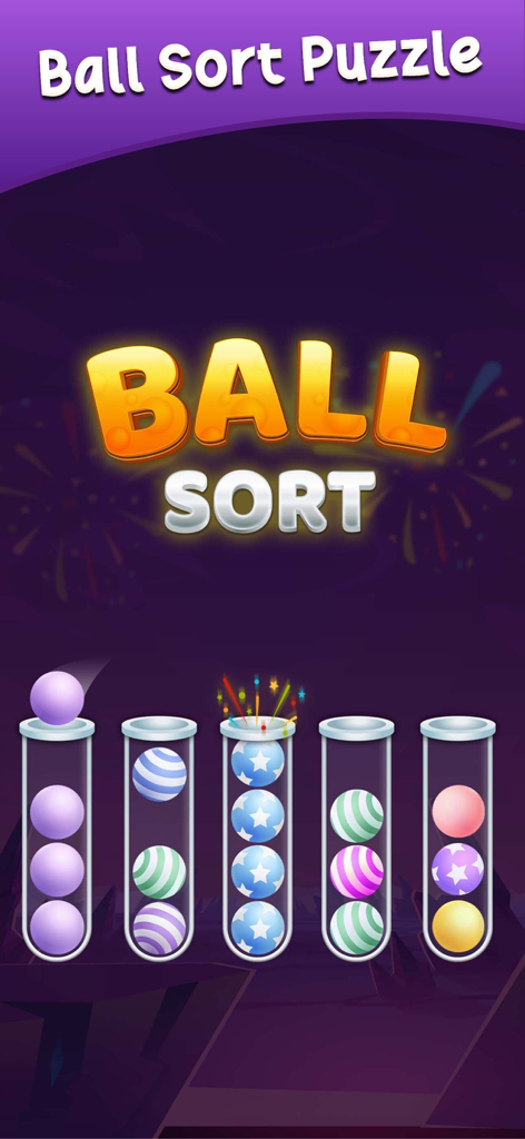 Ball Sort Puzzle - Get Color - Una captura de pantalla del juego de Ball Sort Puzzle que muestra bolas coloridas con patrones clasificadas en tubos de vidrio