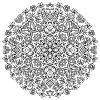 Immerse yourself in the beauty of this unique coloring page, blending intricate floral mandala patterns with meaningful Hanukkah symbols. It's a perfect way to relax and celebrate the Festival of Lights creatively.