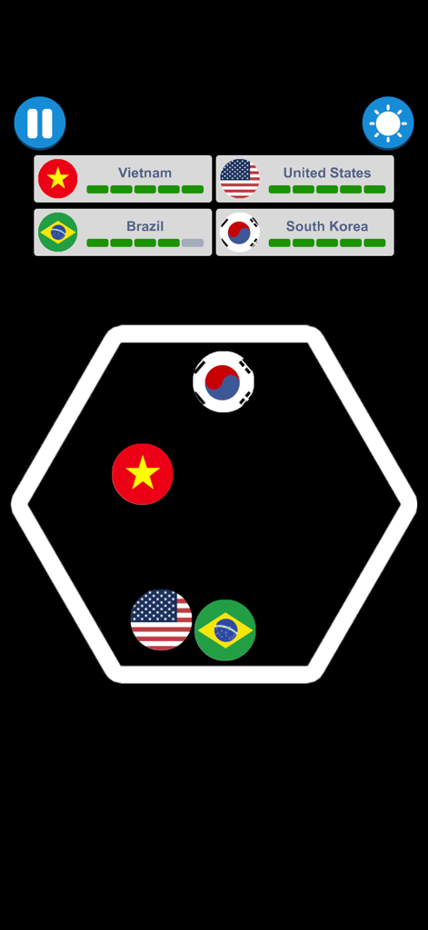 Ball Clash Battle - Four balls with country flag skins competing inside a hexagonal arena in Ball Clash Battle